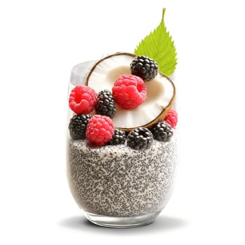 Chia seed pudding white coconut base with black chia seeds suspended raspberries isolated on transparent. Food isolated on transparent background.