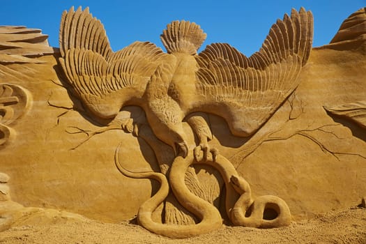 Sondervig, Denmark, May 11, 2024: International Sand Sculpture Festival.