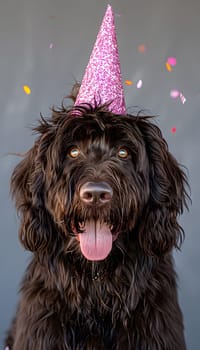 A Terrier breed dog, known for being a working animal and a companion dog, wears a pink party hat while confetti falls around it. The brown dogs snout and liver color are visible
