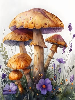 A botanical painting featuring mushrooms, purple flowers, and terrestrial plants on a white background, creating a natural landscape with fawncolored trunks and groundcover petals