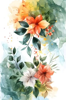 A vibrant watercolor painting featuring delicate flowers and leaves on a clean white background, showcasing the beauty of botany through creative arts