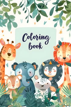 A green coloring book featuring animals and leaves, with patterns and handwriting fonts. Includes cats and terrestrial organisms. Enjoy art therapy with working animals and happy designs