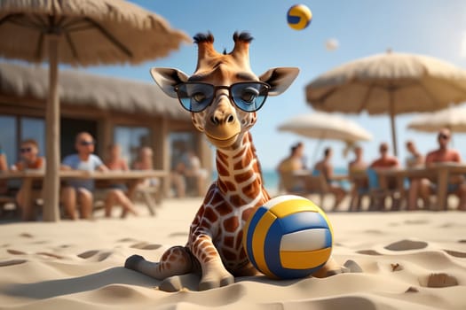 happy giraffe on the beach in summer playing volleyball .