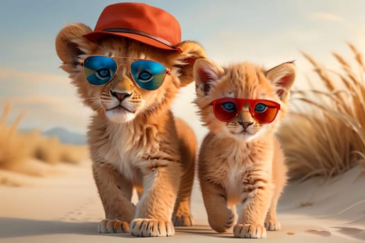 cute red tiger cub and kitten, walking along the road in the desert .