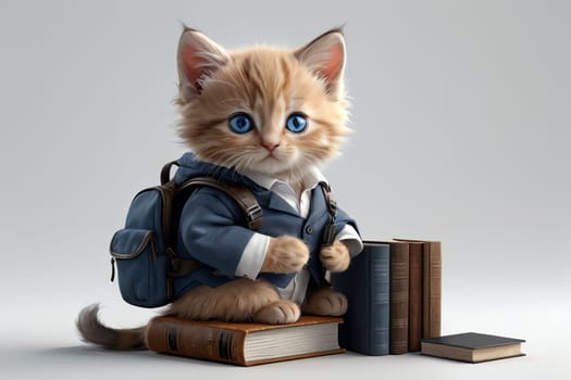 kitten schoolboy with backpack and textbooks .