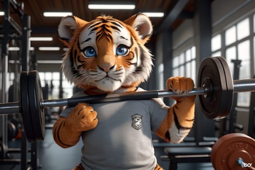 tiger goes in for sports in the gym, lifts a heavy barbell .