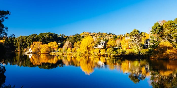 DAYLESFORD, AUSTRALIA - MAY 12 2024: Landscape around Lake Daylesford in a cool late autumn afternoon in Daylesford, Victoria, Australia