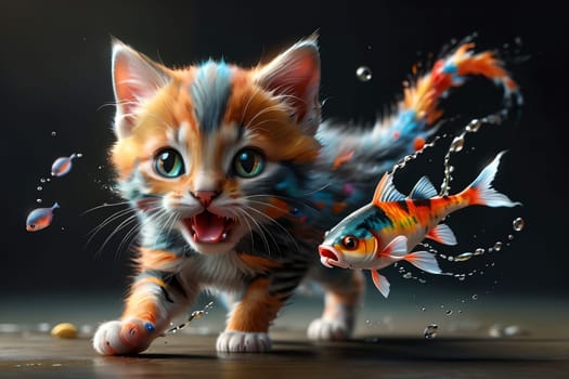 Cute Ragdoll kitten and goldfish underwater .