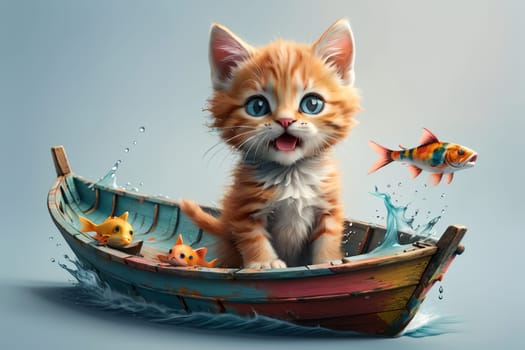 cute kitten in a boat on the sea with fish .