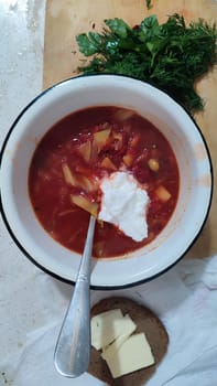 red borscht soup with parsley, food lunch cooking. High quality photo