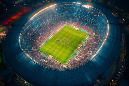 An aerial view of a brightly lit soccer stadium at night with players on the field and fans in the stands.