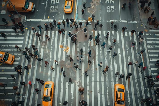 A large group of individuals are walking across a street at a pedestrian crossing in a bustling urban area.