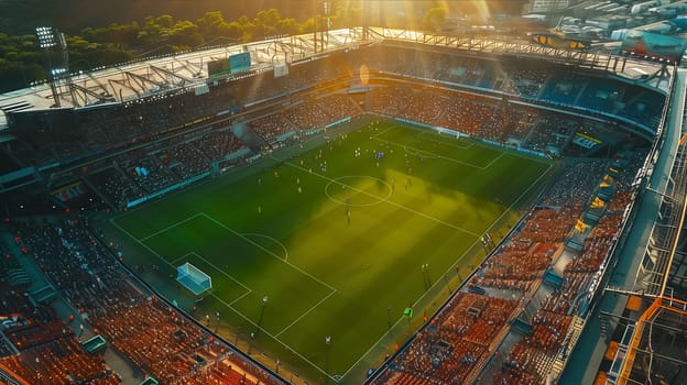 An aerial view capturing the sunset over a bustling soccer stadium, with players on the field and fans in the stands.