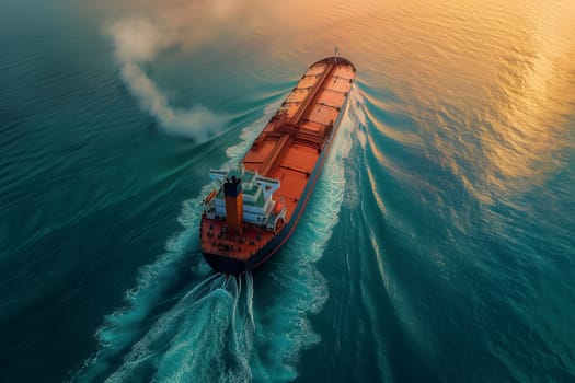 A cargo tanker painted in bright orange floats on a body of water, ready for gas transportation.