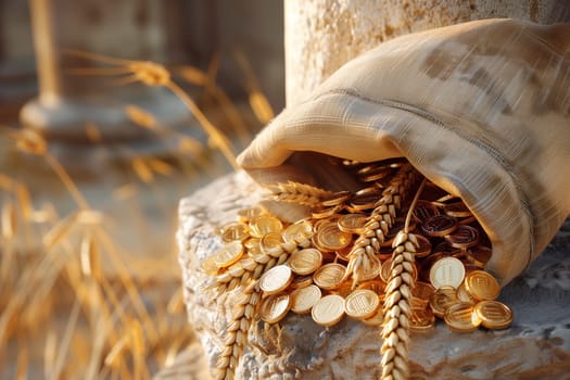 A bag filled with gold coins is placed on top of a stone pillar.