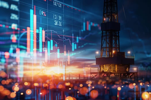 An oil rig towering against a backdrop of stock charts and graphs, symbolizing the interconnection between energy resources and financial markets.