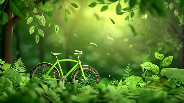 A green bicycle parked among trees in a lush forest setting.