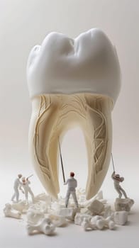 A model tooth with miniature people figures positioned on its surface, showcasing dental anatomy and scale representation.