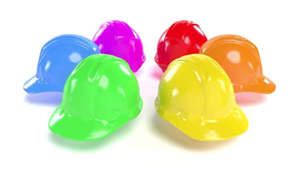 Labor day colored work helmets on white bg 3d render
