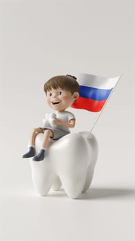 A child perched atop a giant tooth holds a Russian flag, symbolizing dental health and national pride.