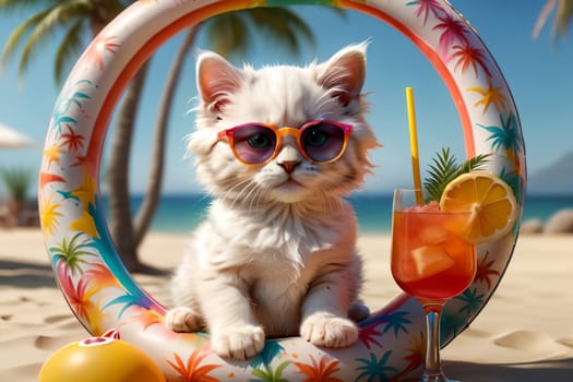 cute kitten in an inflatable ring on the sea with a cocktail in a glass .