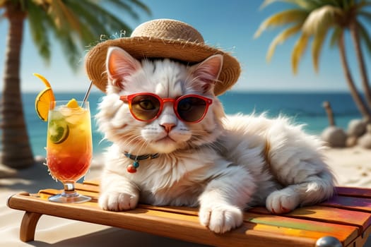 cute kitten on a sun lounger at the sea with a cocktail in a glass .