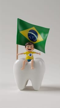 A boy is seated on a giant tooth while proudly waving a Brazilian flag in this unique setting.