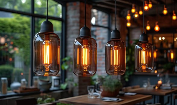 Multiple lights hanging from the ceiling in a room.