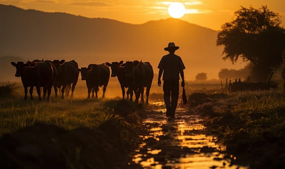 A man walks down a dirt road alongside a herd of cattle.