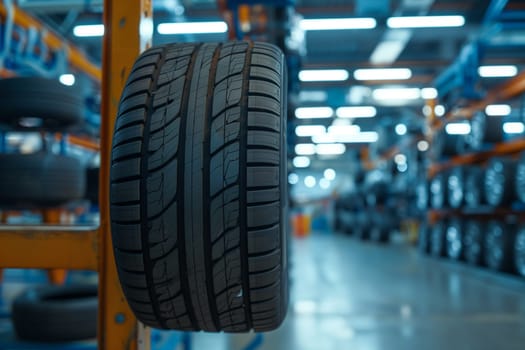 A tire is suspended on a rack in a warehouse setting.