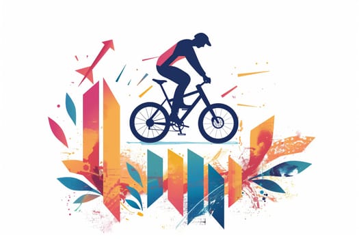 A vibrant illustration featuring a man riding a bicycle in motion.