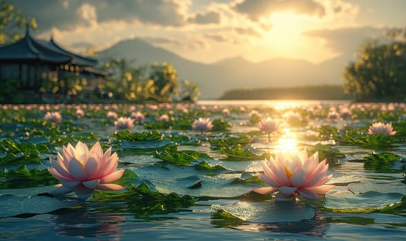 Two pink flowers floating on the surface of a body of water.