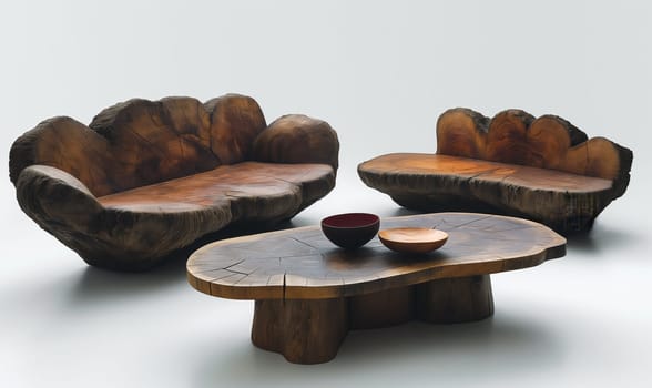 A wooden table with two chairs and a bowl on top.