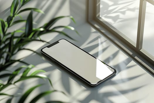 An phone is casually placed on a window sill with a green plant in the background.