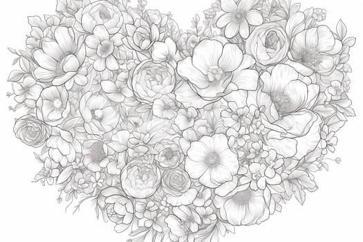 A coloring page featuring intricate flowers arranged in the shape of a heart. Perfect for artistic expression and relaxation.