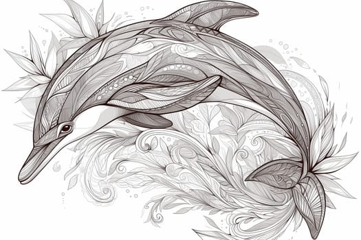 A detailed black and white drawing of a majestic dolphin swimming gracefully in the sea, showcasing its sleek body and playful demeanor.