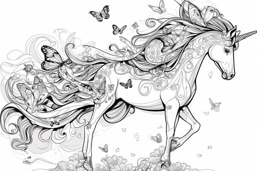 A detailed black and white drawing featuring a majestic unicorn surrounded by delicate butterflies, showcasing a magical and mythical scene.
