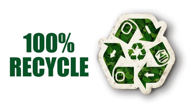 A 100% recycle logo is prominently displayed on a plain white background, emphasizing the commitment to recycling and sustainability.