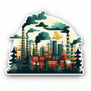 Sticker featuring a factory with smokestacks against a backdrop of trees and foliage.