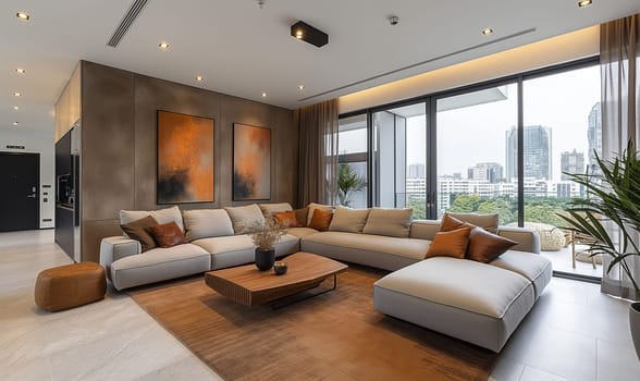 Living room with a big couch and coffee table.