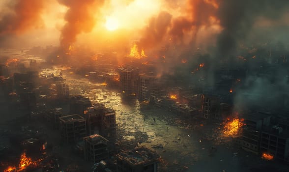 Urban area with billowing smoke and raging fire, chaotic scene.