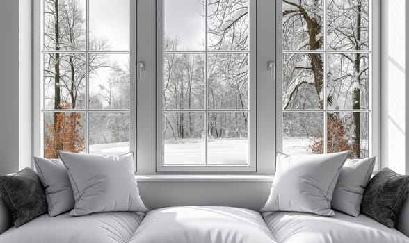 A white couch positioned in front of a large window.