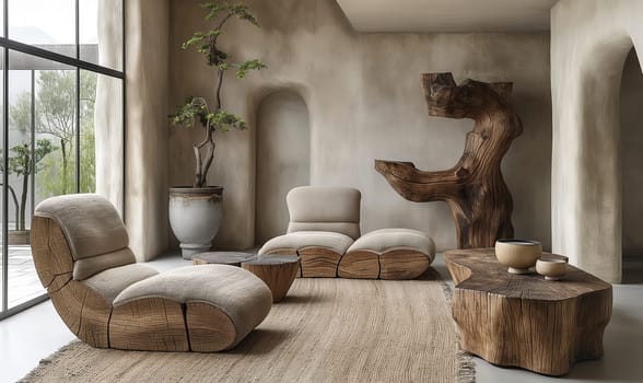 A living room filled with furniture and a large window.