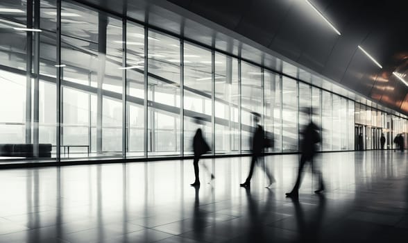 A diverse group of individuals walking through a modern lobby with glass walls and high ceilings.