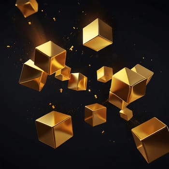 Shiny gold cubes flying over black background. Abstract geometric object. Generative AI.