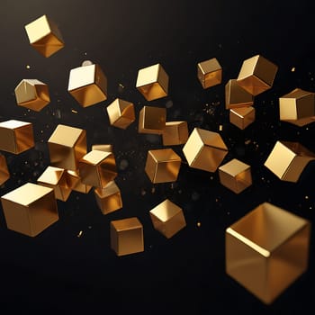 Shiny gold cubes flying over black background. Abstract geometric object. Generative AI.