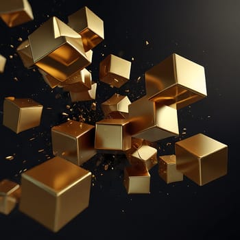 Shiny gold cubes flying over black background. Abstract geometric object. Generative AI.