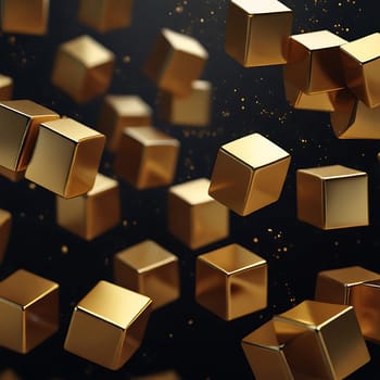 Shiny gold cubes flying over black background. Abstract geometric object. Generative AI.
