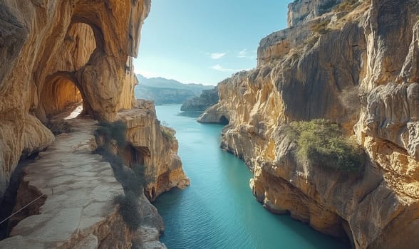 A vast body of water enclosed by towering mountains.