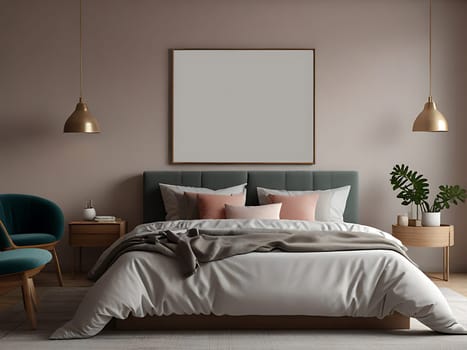 Simple modern minimalist interior bedroom decor with pastel color background. Blank space wall art mockup above the bed inside natural light bedroom. Generative AI.